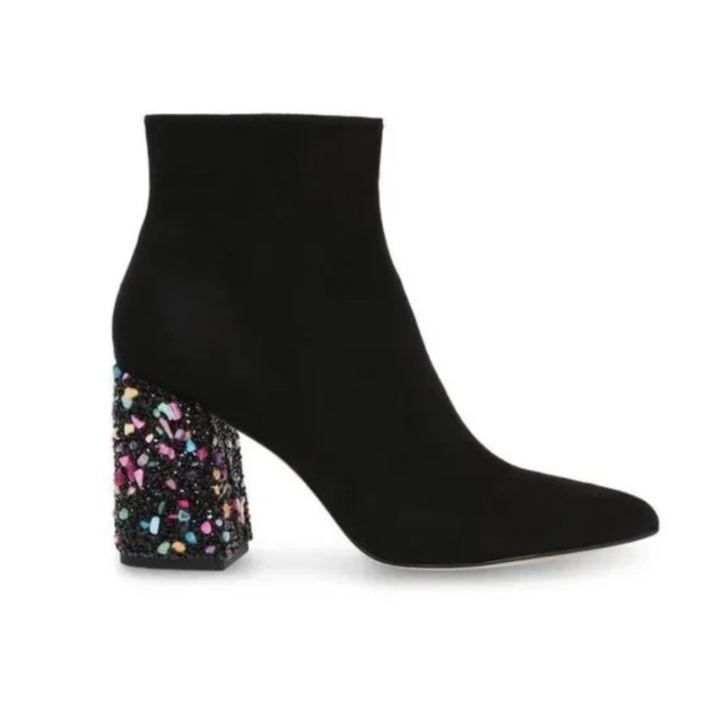 Betsey Johnson Black Suede Ankle Boots with Multicolor Chunky Embellished Heel